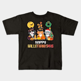 Cat Halloween Christmas Happy Hallothanksmas Hanksgiving Kids T-Shirt